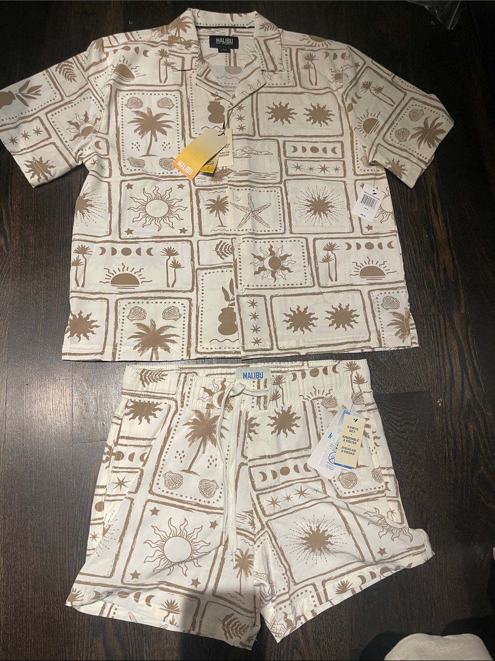 Malibu Cream & Tan Tropical Print Two-Piece Pajama Set